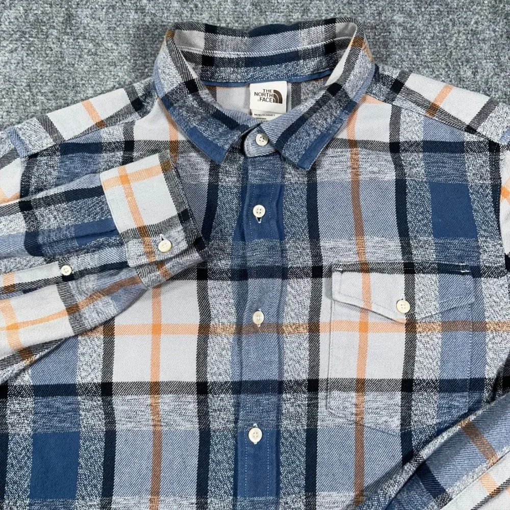 The North Face Arroyo Flannel Shirt Mens Large Plaid Long Sleeve Blue Orange